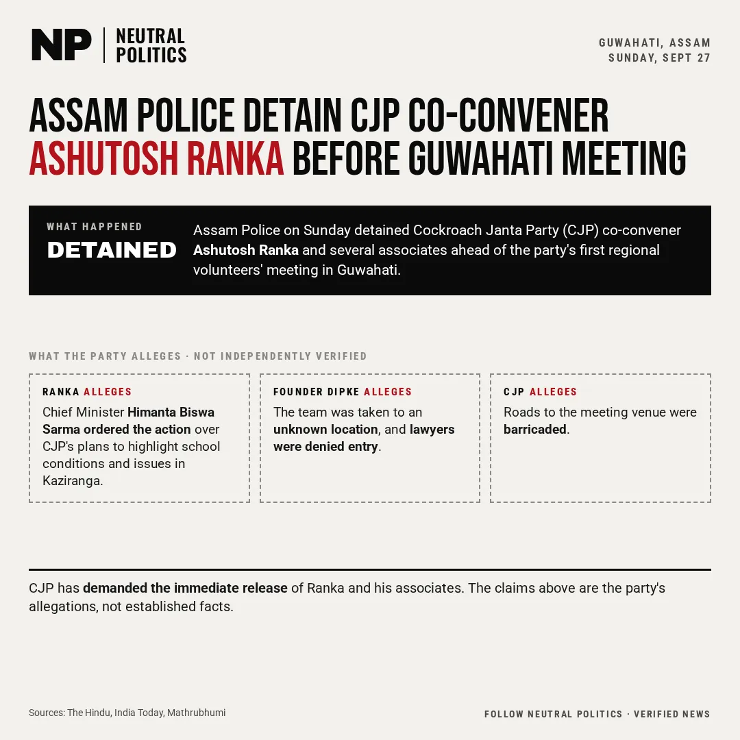 Cockroach Janta Party co-convenor Ashutosh Ranka says Guwahati detention has ended