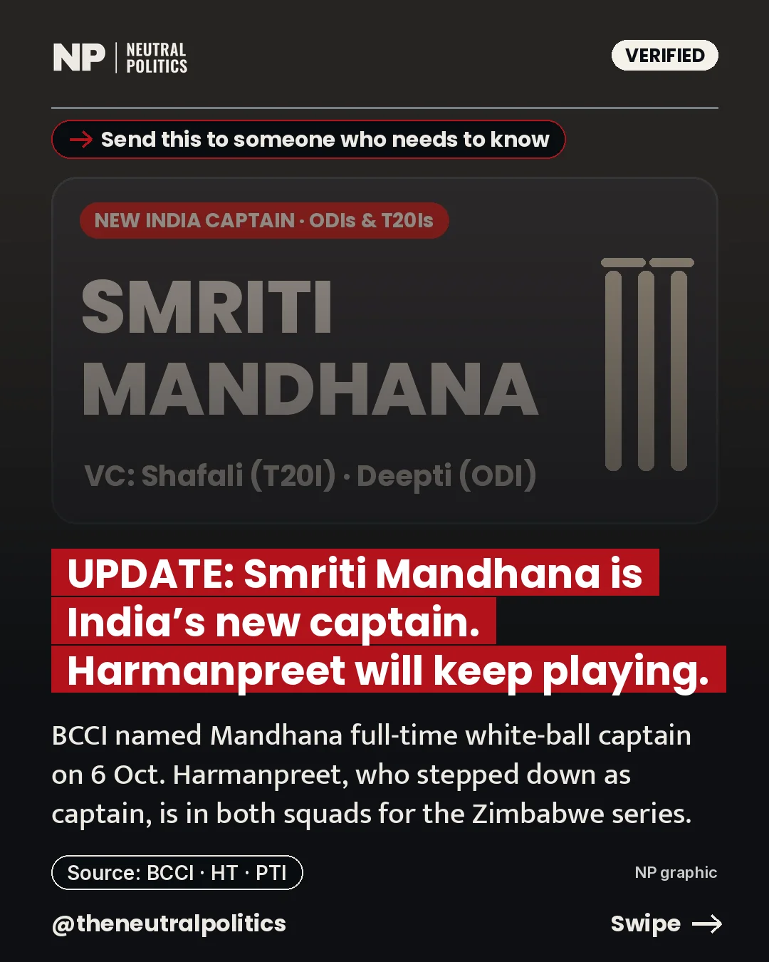 UPDATE: Smriti Mandhana named India women's captain; Harmanpreet Kaur stays in the squad as a player