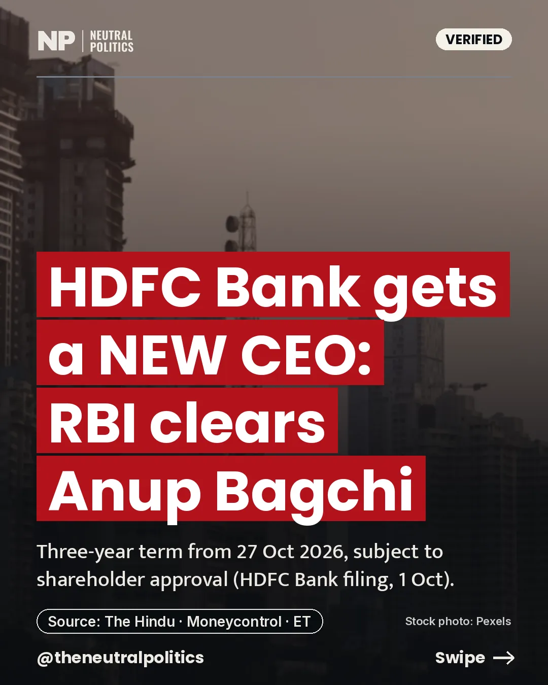 HDFC Bank: RBI clears Anup Bagchi as MD and CEO for three years from 27 October