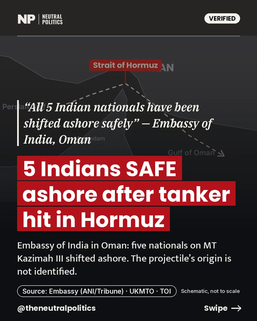 Five Indians safe ashore after a projectile hit MT Kazimah III in the Strait of Hormuz