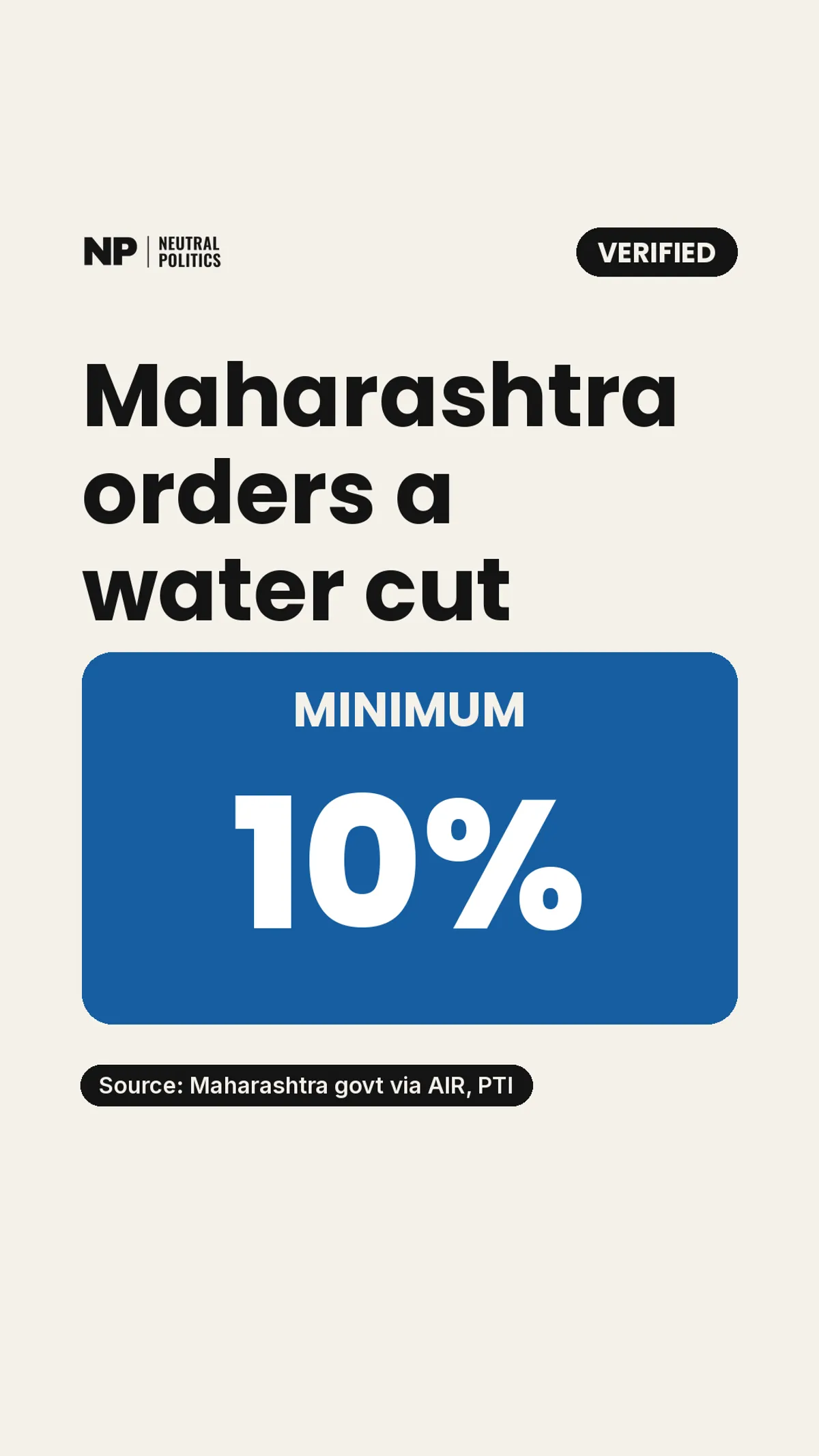 Maharashtra orders a minimum 10 percent water cut from 16 October