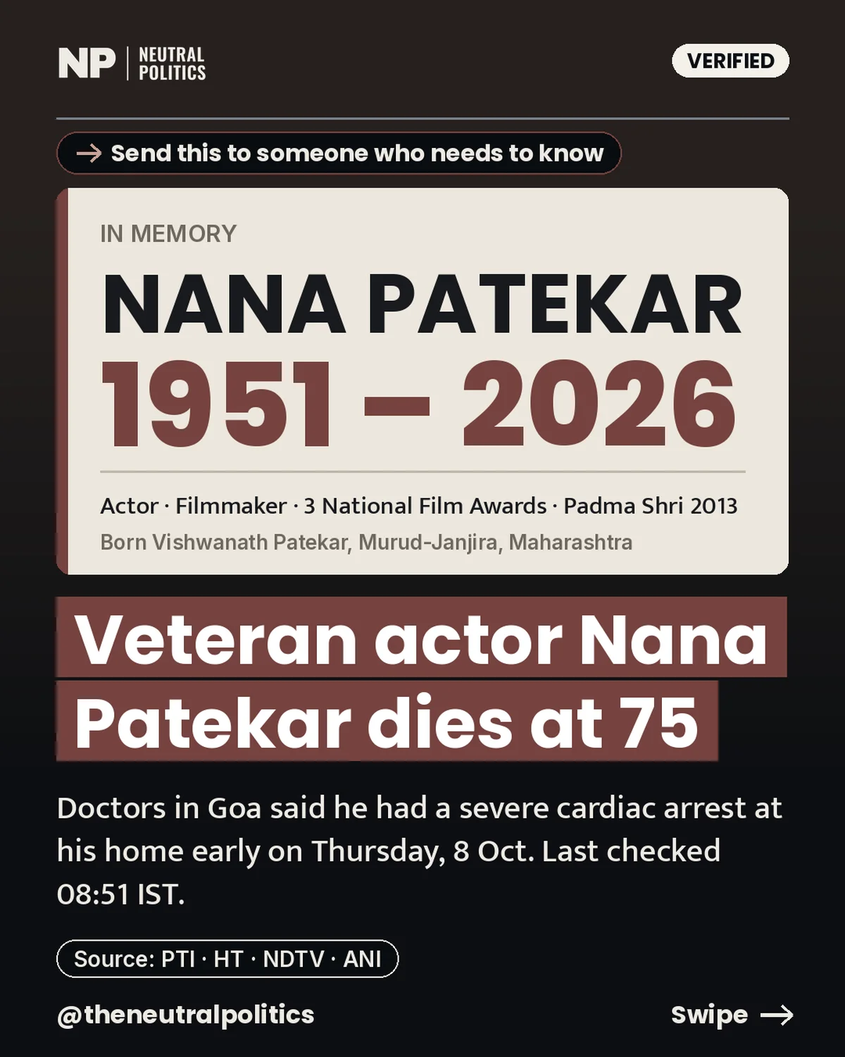Veteran actor Nana Patekar dies at 75 after a cardiac arrest at his Goa home